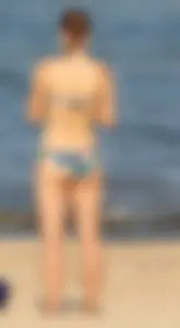 Blue floral bikini babe on the beach