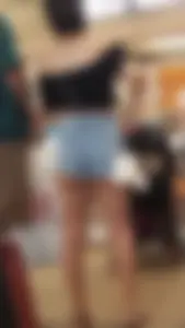 Tight Asian girl in small jean short shorts and crop top showing cheek! OC!