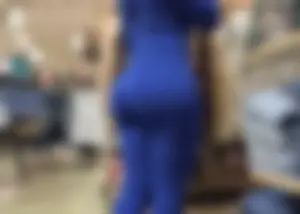 Thick mesmerizing ebony in a tight blue one piece