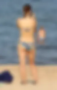 Blue floral bikini babe on the beach