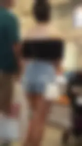 Tight Asian girl in small jean short shorts and crop top showing cheek! OC!