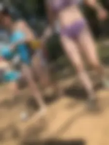 Wet Girls in Swimsuits Walking Towards Water at a Lake Beach Photo Series