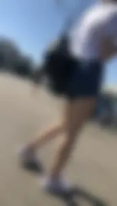 Cute Gilr with Thin Legs in Blue Denim Shorts Street Creepshots Gallery