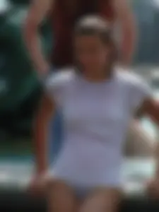 Candid young candid girl in wet panties and T-shirt playing in fountain