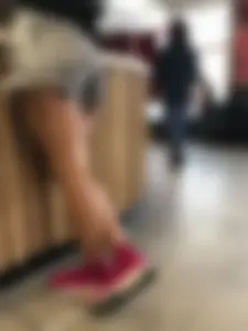 Legs in Shorts Cafe Closeup Candid