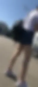 Cute Gilr with Thin Legs in Blue Denim Shorts Street Creepshots Gallery