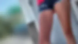 Friend in short shorts showing cheeks and some cleavage