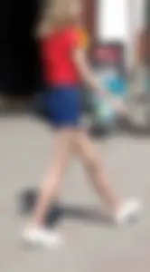 Skinny Teen Walking Down the Street in Denim Shorts and Pantyhose