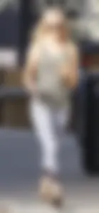 Hot blonde in light leggings after getting Starbucks