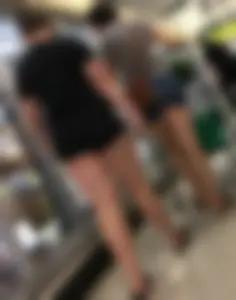 Big booty daughter in spandex shorts shopping with mom in denim shorts