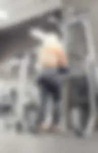 Grey pants blonde girl gym ass