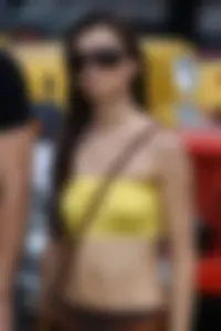Skinny flat-chested candid girl wearing a crop top street, busted street creepshots