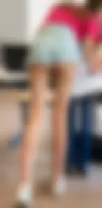 Amazing college teen in jean mini shorts bending over desk