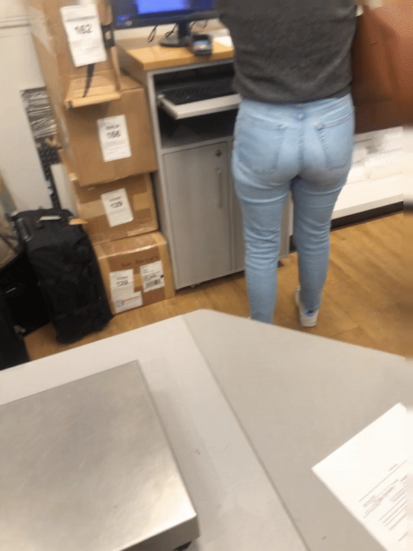 1st Post: Curly Hair Ass in jeans using the computer
