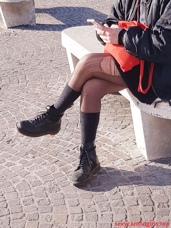 Sexy Candid Girls Candid Girl In Torn Black Pantyhose Sitting On The Bench With Crossed Legs