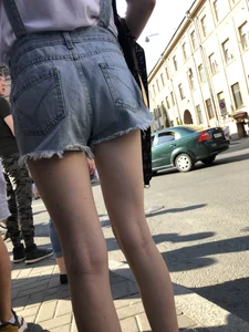 Skinny Legs in Denim Shorts City Street Candid Pics