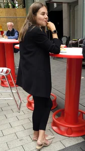Girl in Sandals Eating in a Street Cafe, Nice Feet