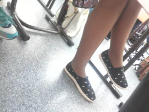 Skinny Teen Legs in Flats under Desk in College Classroom Candid Photo