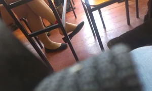 Crossed College JB’s Legs in Pantyhose And Flats Dangle Creepshot