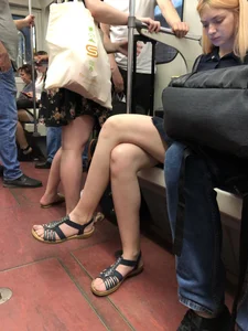 Blonde with Hot Long Legs in Sandals and a Dress Subway Train Candid