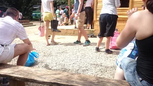 Milf in yellow shorts with vpl and a wedgie