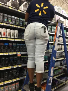 Walmart ebony employee in white jeans with a nice ass