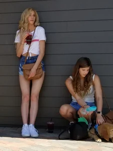 Blonde and Brunette friends in TINY jean shorts! [OC]