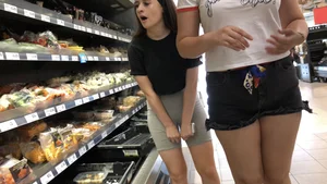 Cute brunette shopping with a nice ass in tight grey shorts with a wedgie