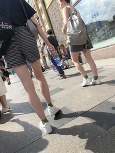 Two Teen Girls in Matching Shorts With Slim Legs on the Crosswalk Large Creepshots Gallery