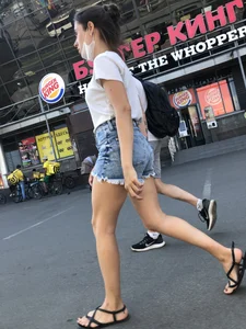 Nice Legs in Denim Shorts and Feet in Sandals Street Creepshots