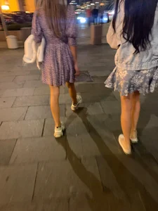 Girls in Dresses with Cute Legs Street Closeup Candid Photo