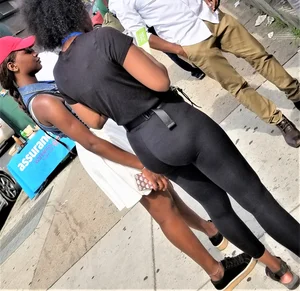 Ebony babes in pink patterned and black leggings with nice asses