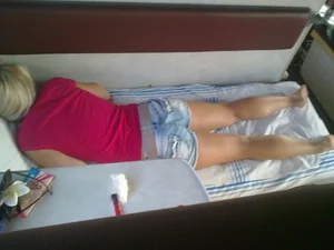 Barefoot Girl in a Pink Top And Denim Shorts Asleep in a Train Sleeping Car Creepshots