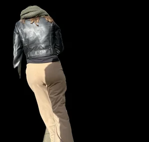 Candid girl in a leather jacket and pants with VPL street creepshots