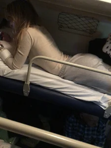 Girl in Pants and Cute Socks Train Sleeping Car Candid Photos