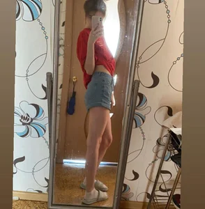 Hot Girl in Denim Shorts Mirror Selfie