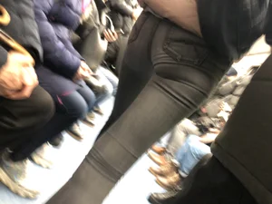 Some extremely lean and firm ass in tight grey jeans in a subway train closeup creepshots