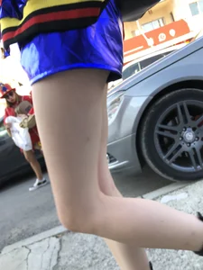 Skinny teen blonde in shorts with very white skin street creepshots