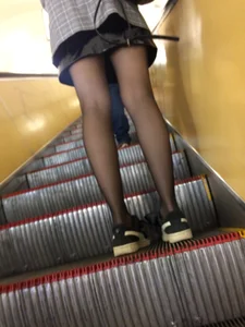 Teen Subway Train and Escalator Candid - Skinny Legs in a Skirt and Black Pantyhose