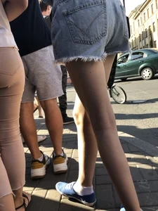 Skinny Legs in Denim Shorts City Street Candid Pics