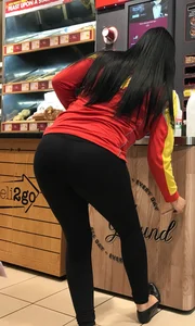 Convenience store employee with a sexy big ass in leggings