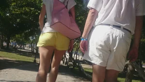 Milf in yellow shorts with vpl and a wedgie