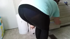 Chubby Mature in Black Pantyhose Bending Over VPL Home Creepshot