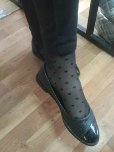 Feet Closeups in Shoes and Black Pantyhose With Dots - Under Desk Photos in College Classroom