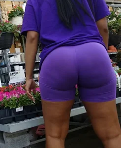 Hot ass big booty ebony milf in purple spandex shorts with no panties on