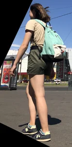 Cute Dorky Girl in Shorts with Thin Muscular Legs Street Candid Photos