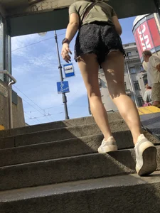 Candid Girl in Mini Shorts With Skinny Hot Legs and Booty Walking Up the Stairs Creepshots Gallery