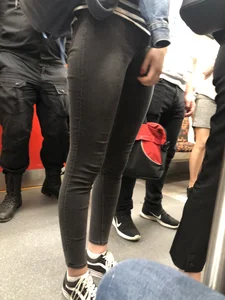 Long Skinny Legs in Black Denim - Subway Train Closeup Candid