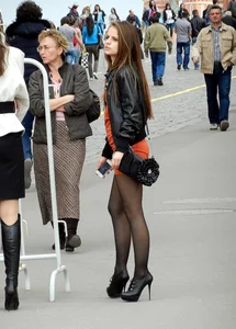 Girl in High Heeled Stiletto Shoes And Black Pantyhose With Awesome Skinny Legs Street Creepshot