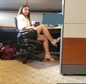 Girl with Hot Legs with Bare Feet at Her Workplace Office Candid